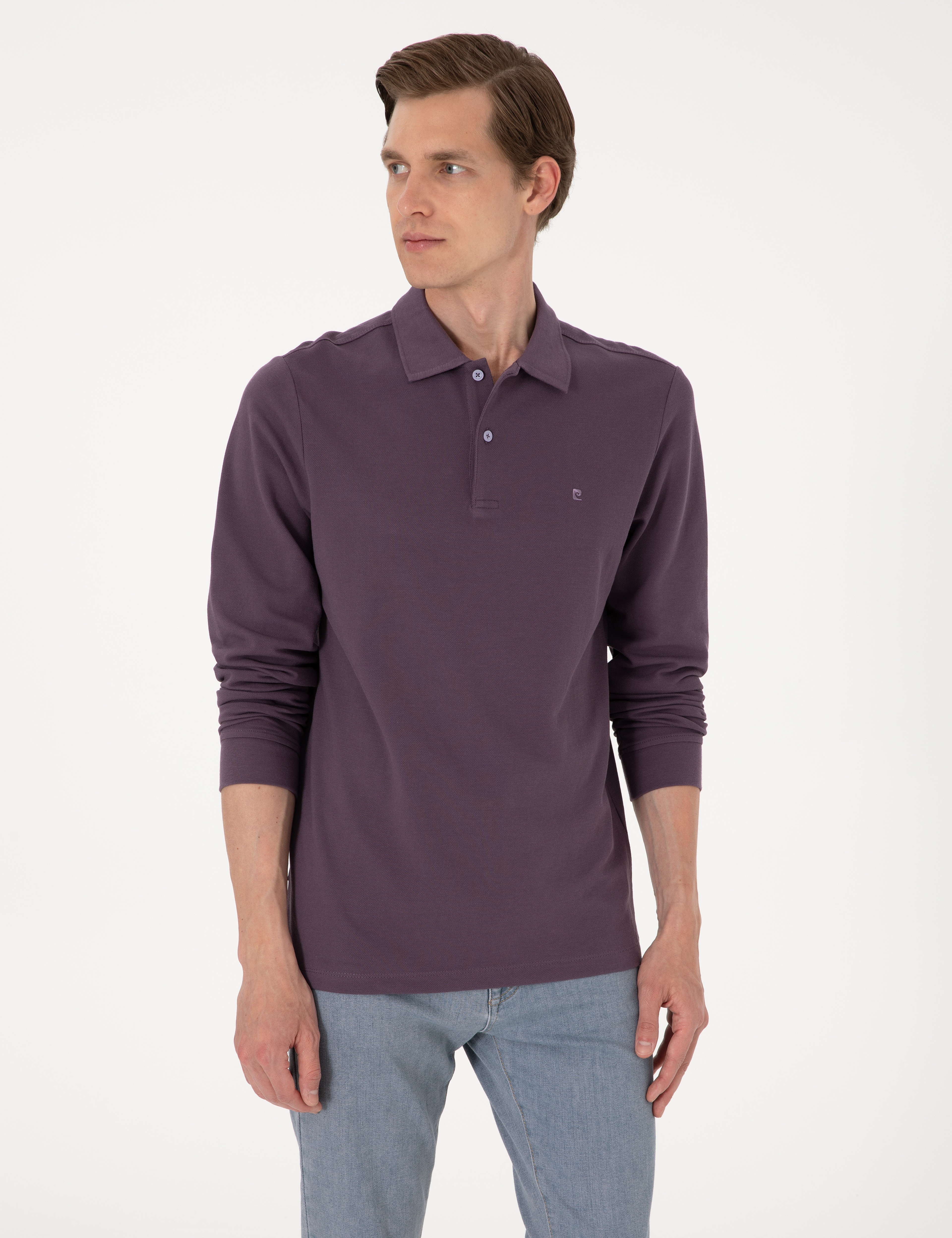 Mor Slim Fit Kıvrılmaz Polo Yaka Basic Pike Sweatshirt - Image 1