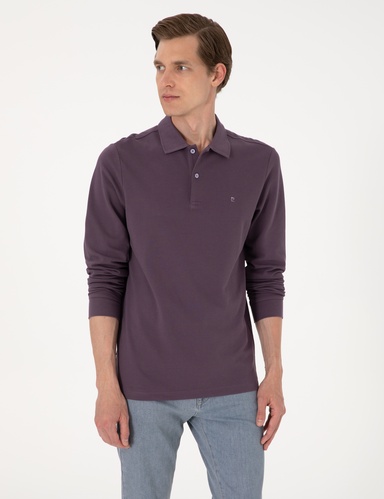 Mor Slim Fit Kıvrılmaz Polo Yaka Basic Pike Sweatshirt