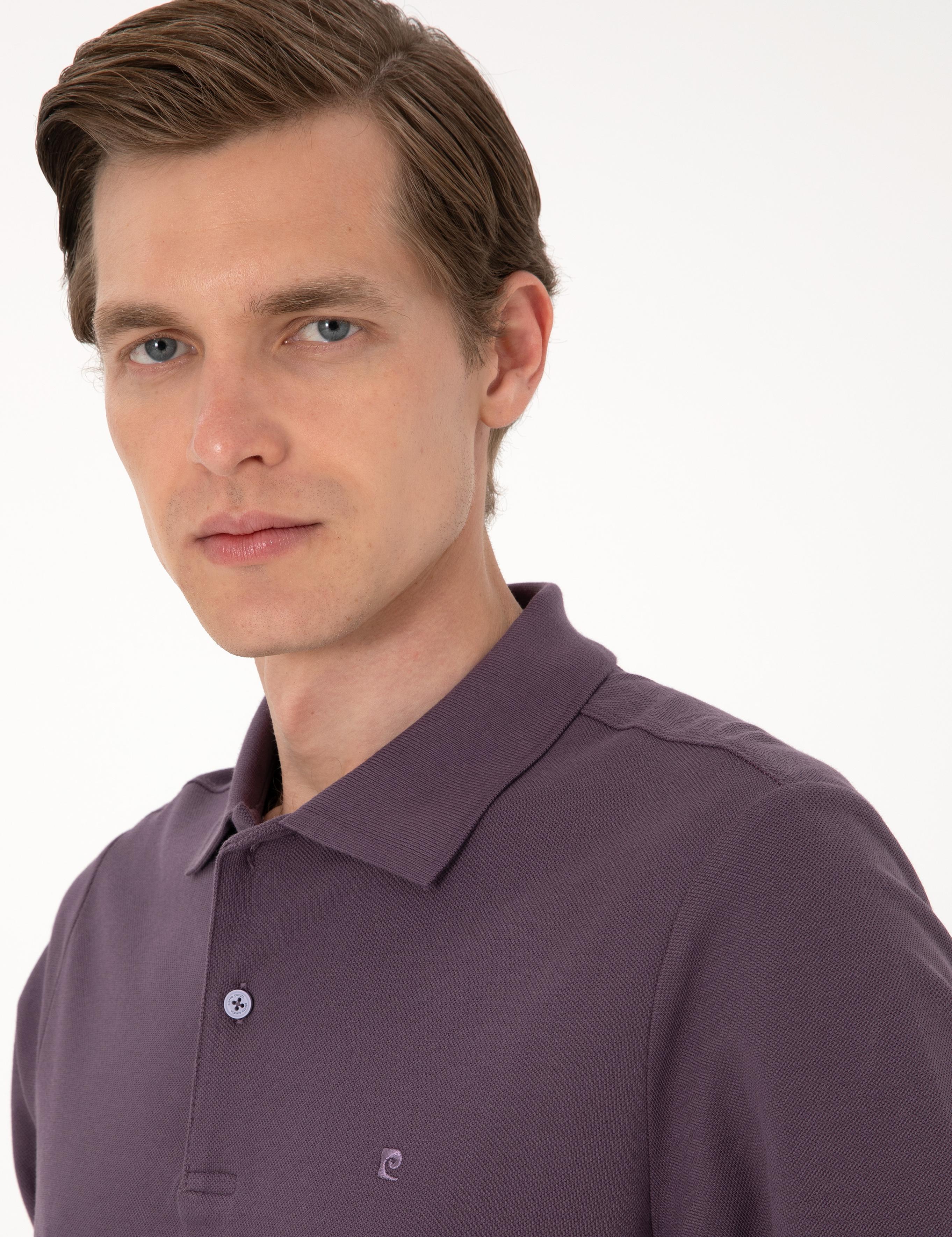Mor Slim Fit Kıvrılmaz Polo Yaka Basic Pike Sweatshirt