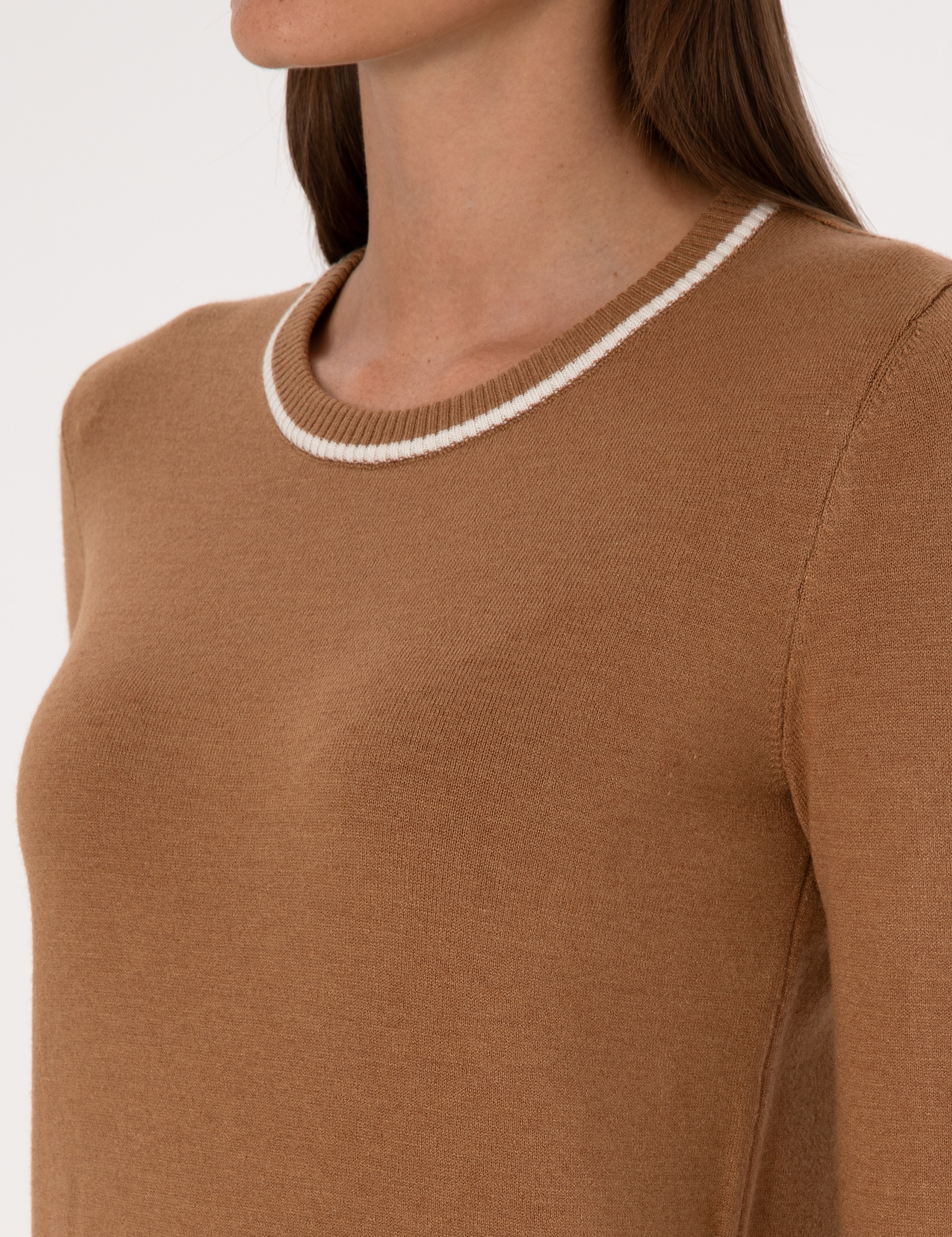 Camel Slim Fit Çizgi Detaylı Basic Kazak - Image 7