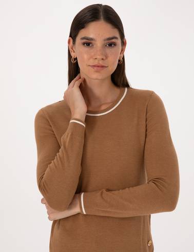 Camel Slim Fit Çizgi Detaylı Basic Kazak