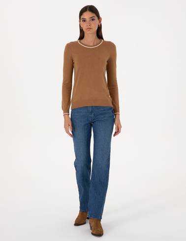 Camel Slim Fit Çizgi Detaylı Basic Kazak