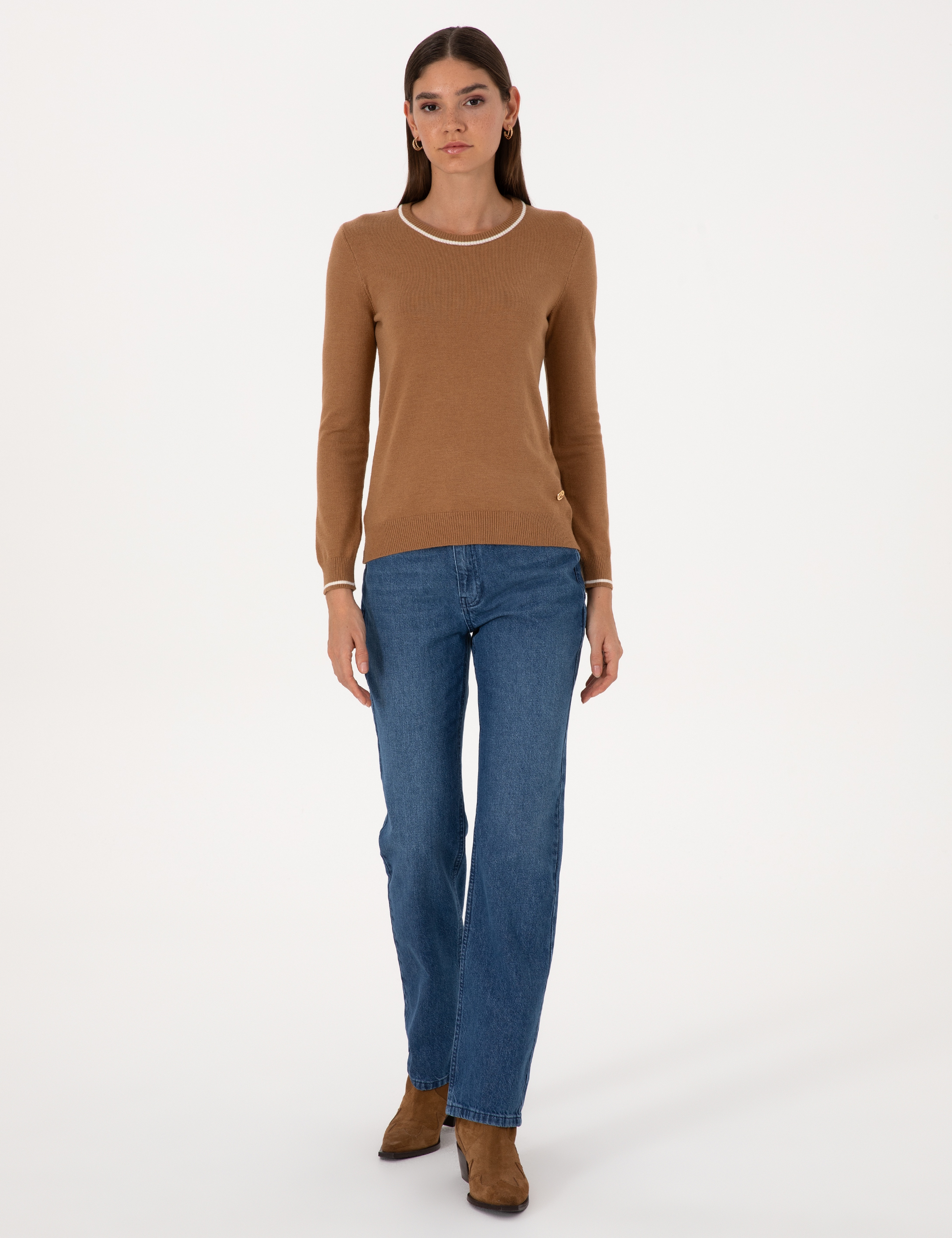 Camel Slim Fit Çizgi Detaylı Basic Kazak - Image 4