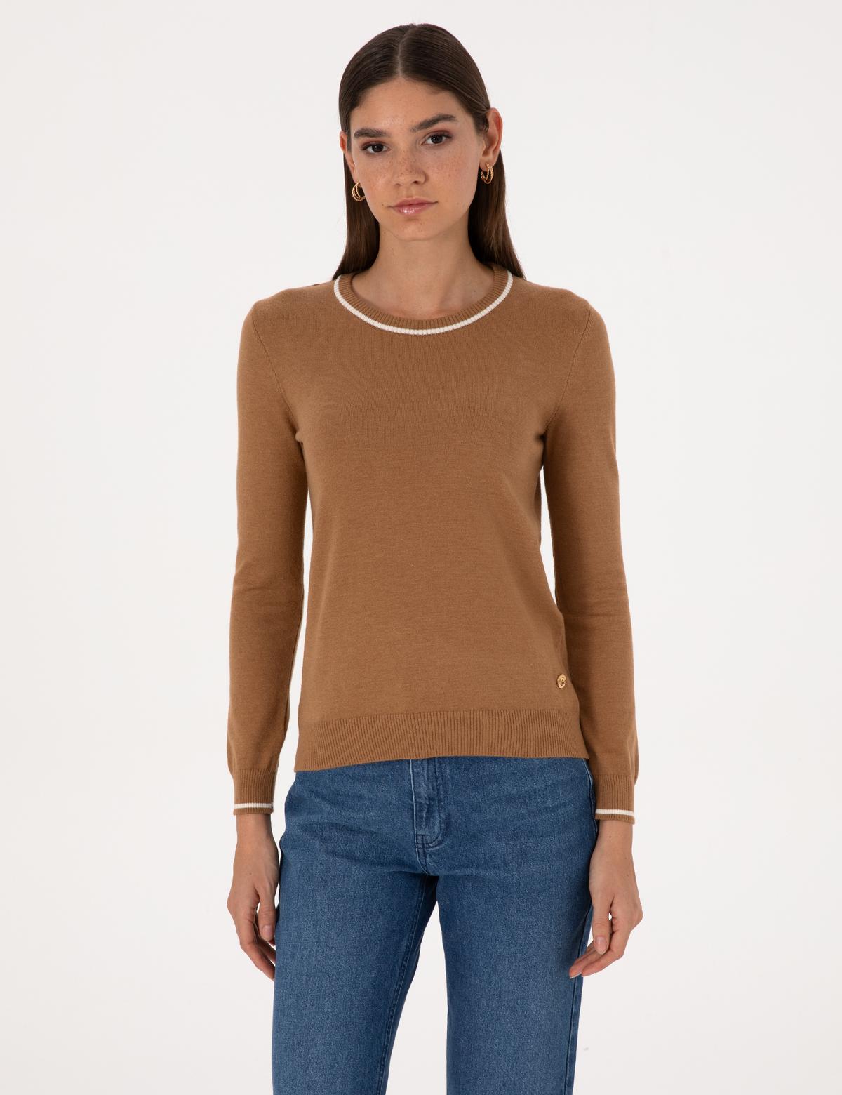 Camel Slim Fit Çizgi Detaylı Basic Kazak