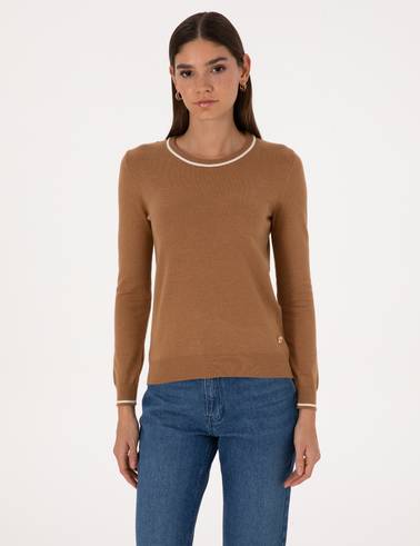 Camel Slim Fit Çizgi Detaylı Basic Kazak