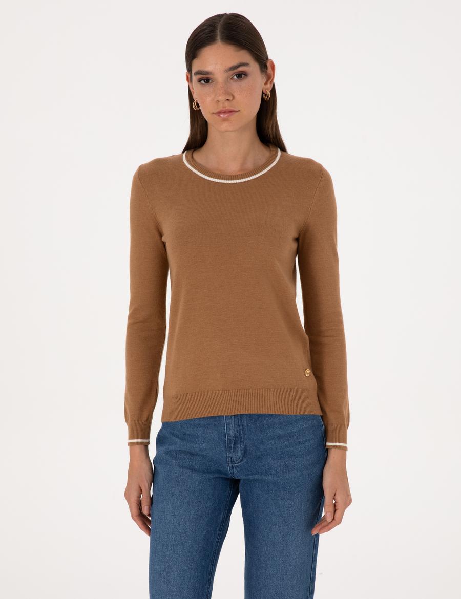 Camel Slim Fit Çizgi Detaylı Basic Kazak