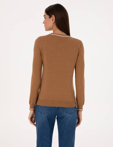 Camel Slim Fit Çizgi Detaylı Basic Kazak