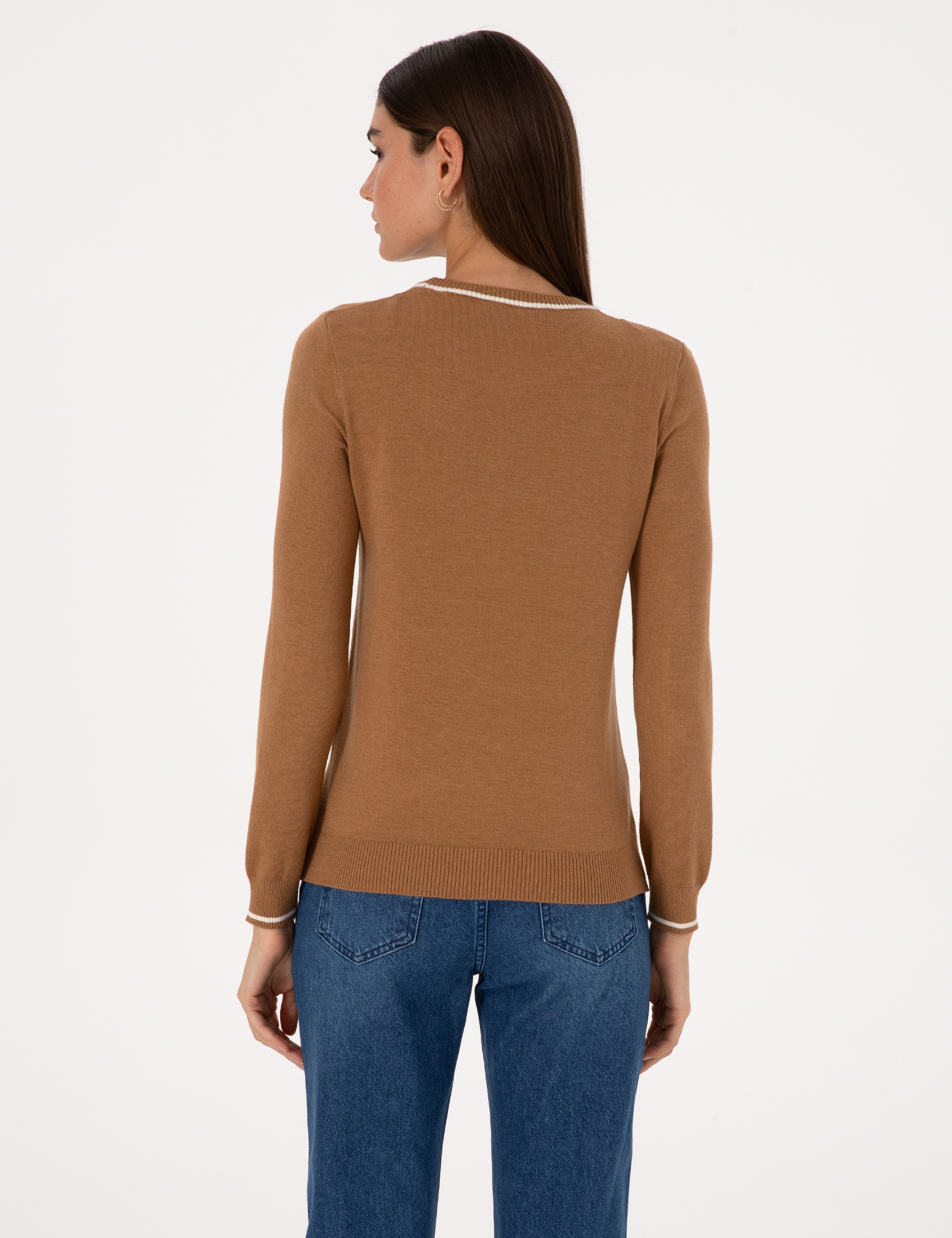 Camel Slim Fit Çizgi Detaylı Basic Kazak - Image 5