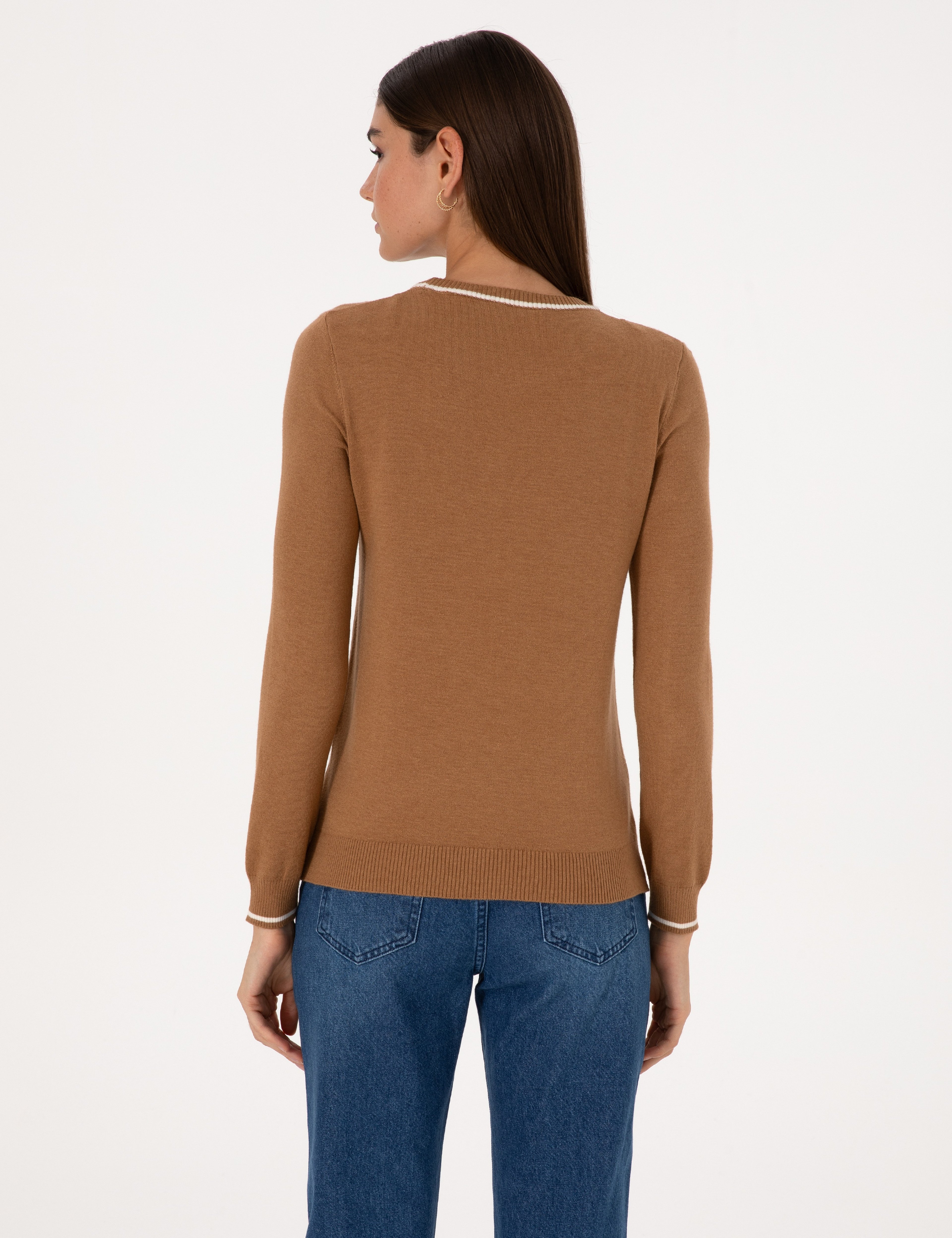 Camel Slim Fit Çizgi Detaylı Basic Kazak