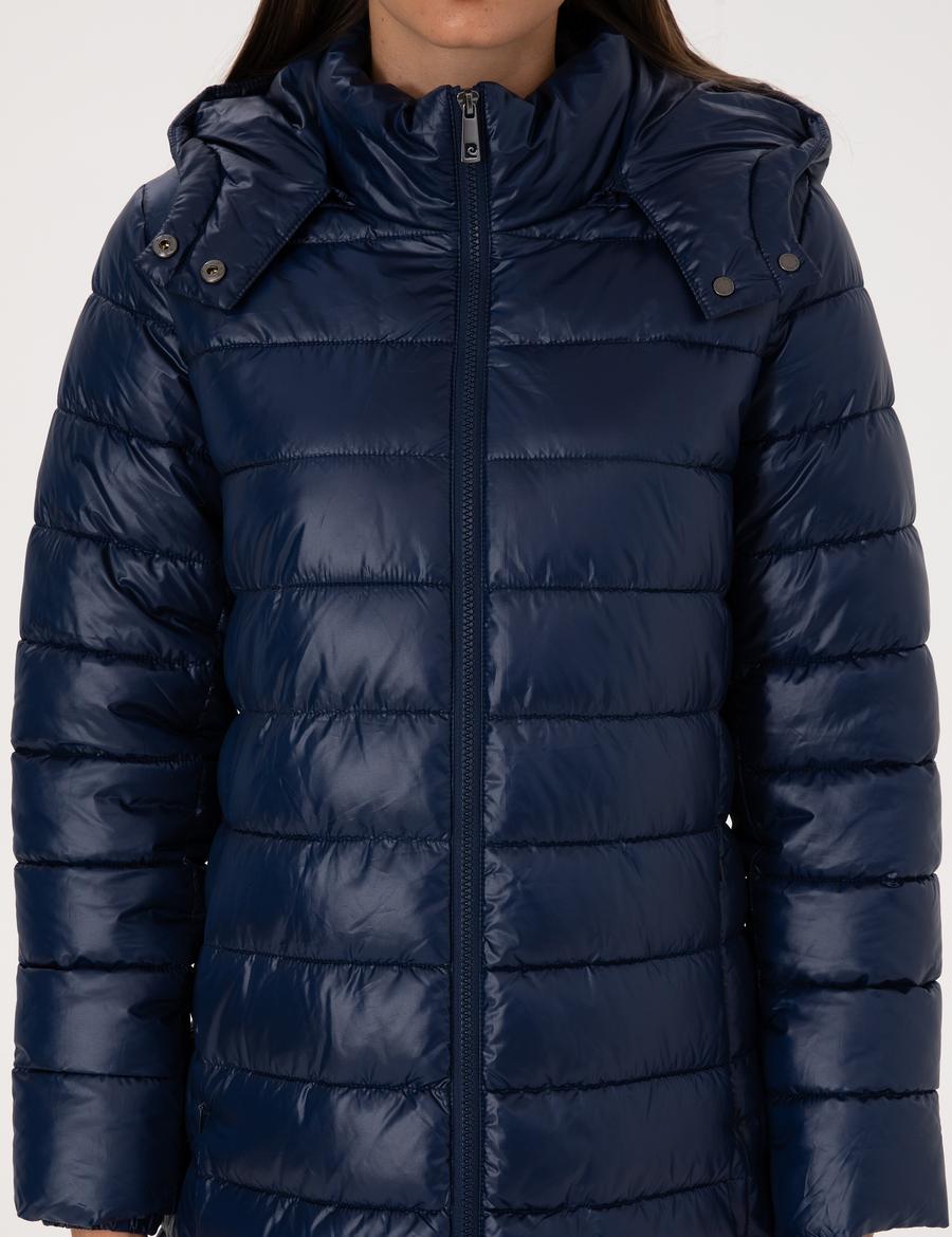 Lacivert Çıkarılabilir Kapüşonlu Kapitone Uzun Mont