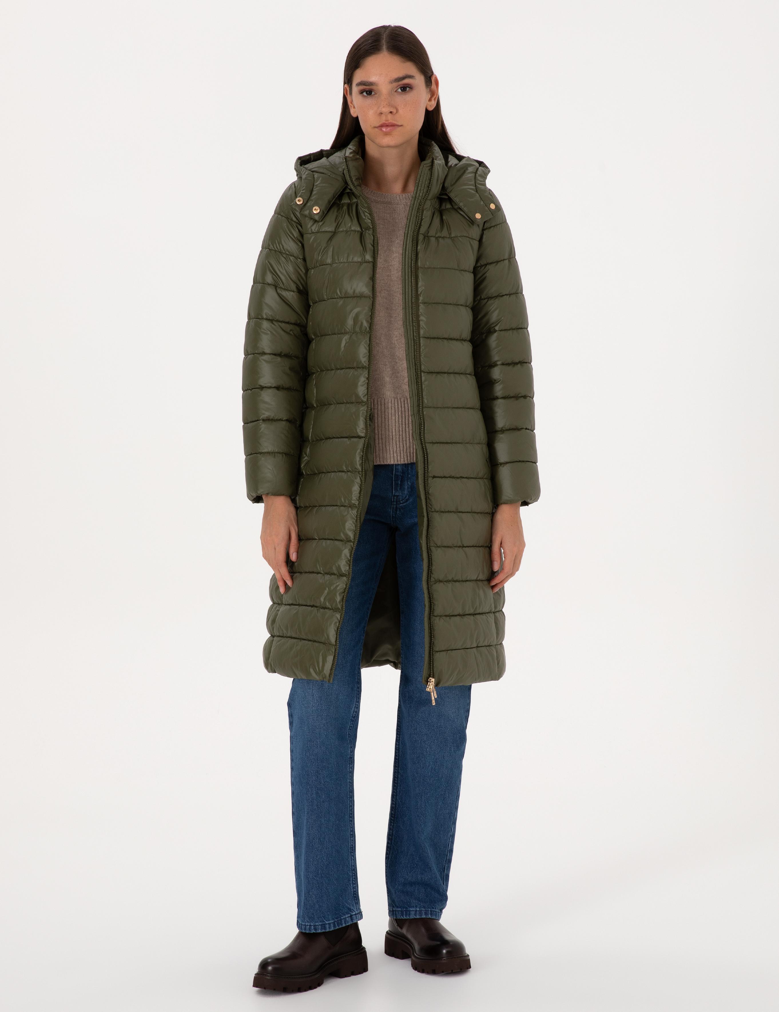 Haki Çıkarılabilir Kapüşonlu Kapitone Uzun Mont