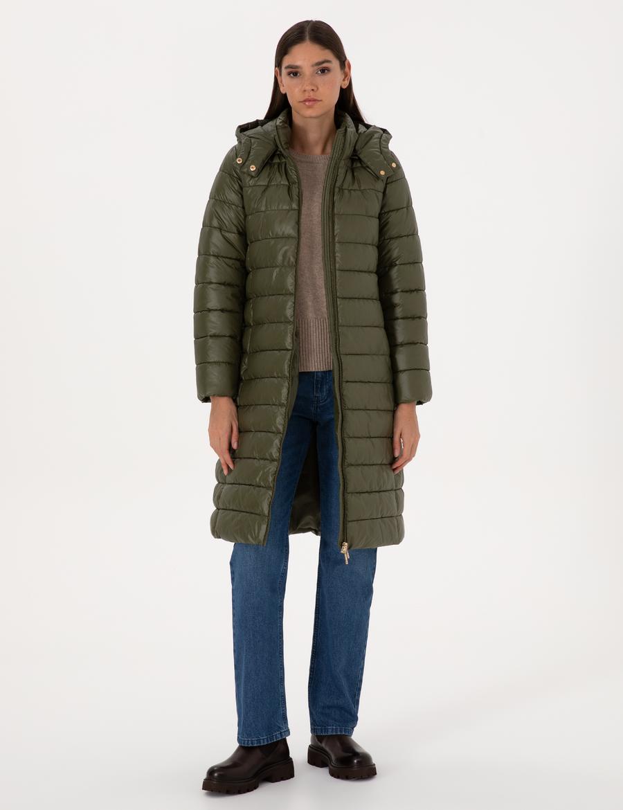 Haki Çıkarılabilir Kapüşonlu Kapitone Uzun Mont