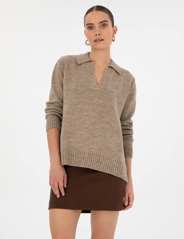 Bej Comfort Fit Polo Yaka Kazak