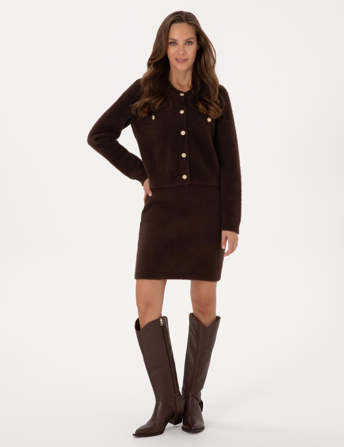 Kahverengi Crop Top Triko Hırka - 50310994012