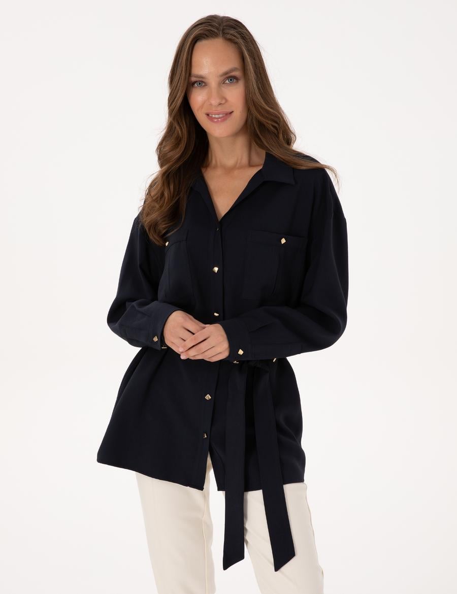 Lacivert Oversize Uzun Kollu Gömlek