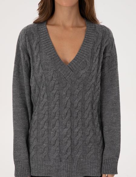 Gri Melanj Örgü Desen Comfort Fit V Yaka Kazak - 50311596030