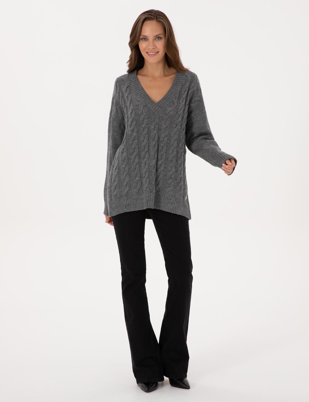 Gri Melanj Örgü Desen Comfort Fit V Yaka Kazak - 50311596030