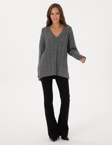 Gri Melanj Örgü Desen Comfort Fit V Yaka Kazak - 50311596030