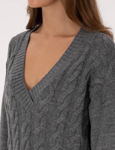 Gri Melanj Örgü Desen Comfort Fit V Yaka Kazak