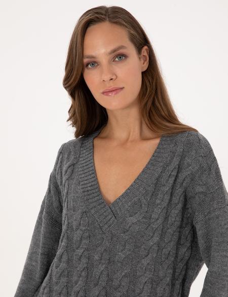 Gri Melanj Örgü Desen Comfort Fit V Yaka Kazak - 50311596030