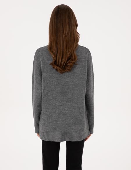 Gri Melanj Örgü Desen Comfort Fit V Yaka Kazak - 50311596030