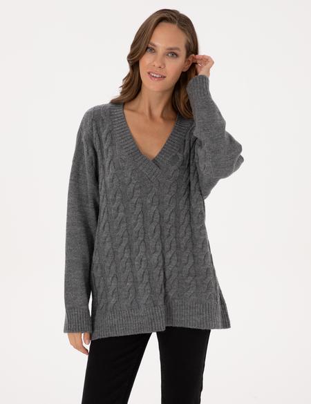 Gri Melanj Örgü Desen Comfort Fit V Yaka Kazak - 50311596030