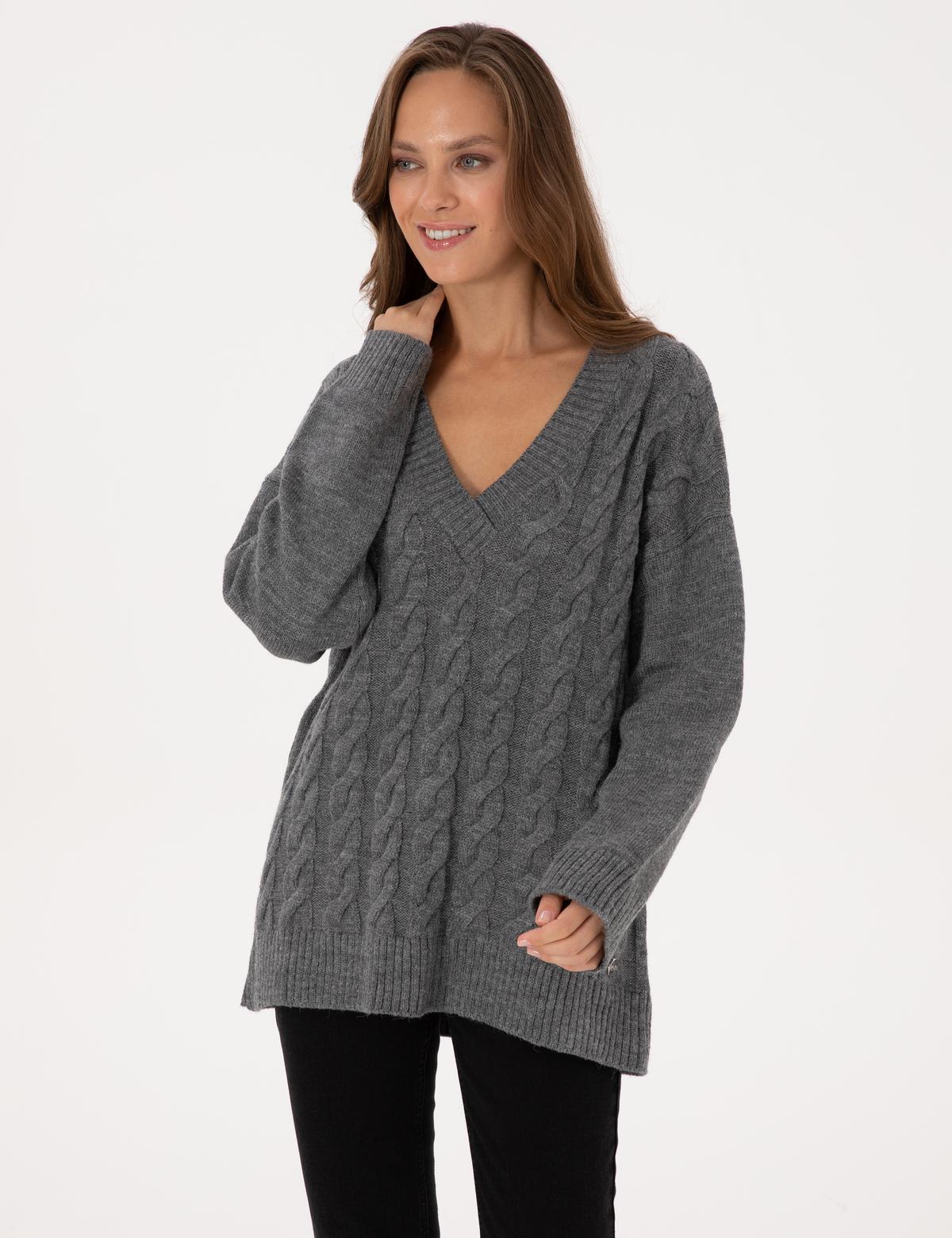 Gri Melanj Örgü Desen Comfort Fit V Yaka Kazak - 50311596030