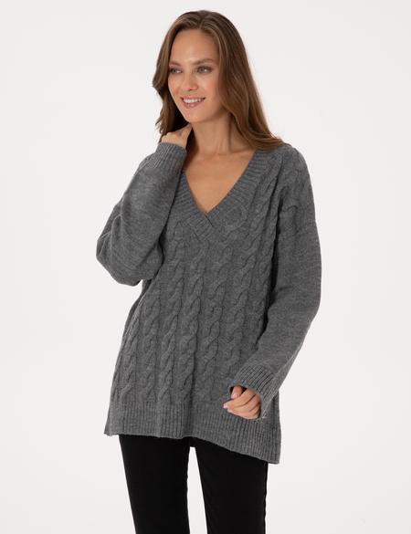 Gri Melanj Örgü Desen Comfort Fit V Yaka Kazak - 50311596030