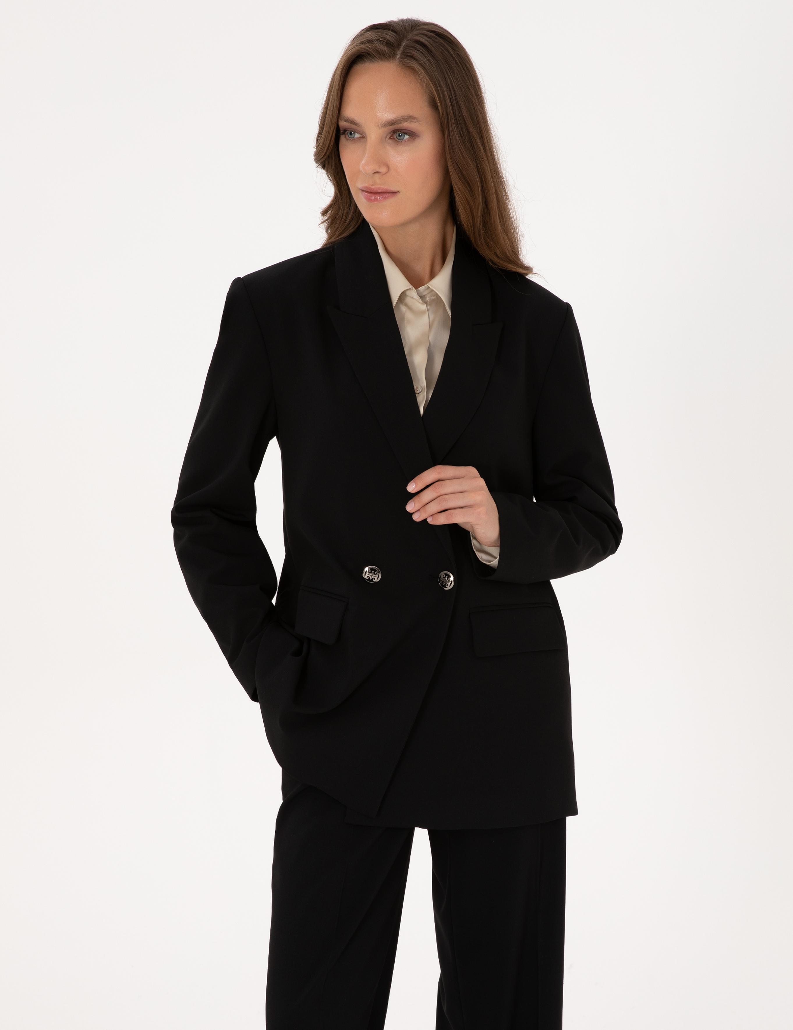 Siyah Comfort Fit Kruvaze Ceket