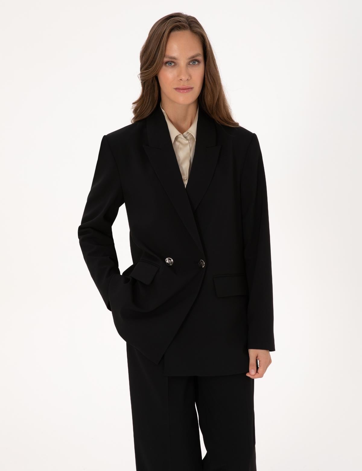 Siyah Comfort Fit Kruvaze Ceket