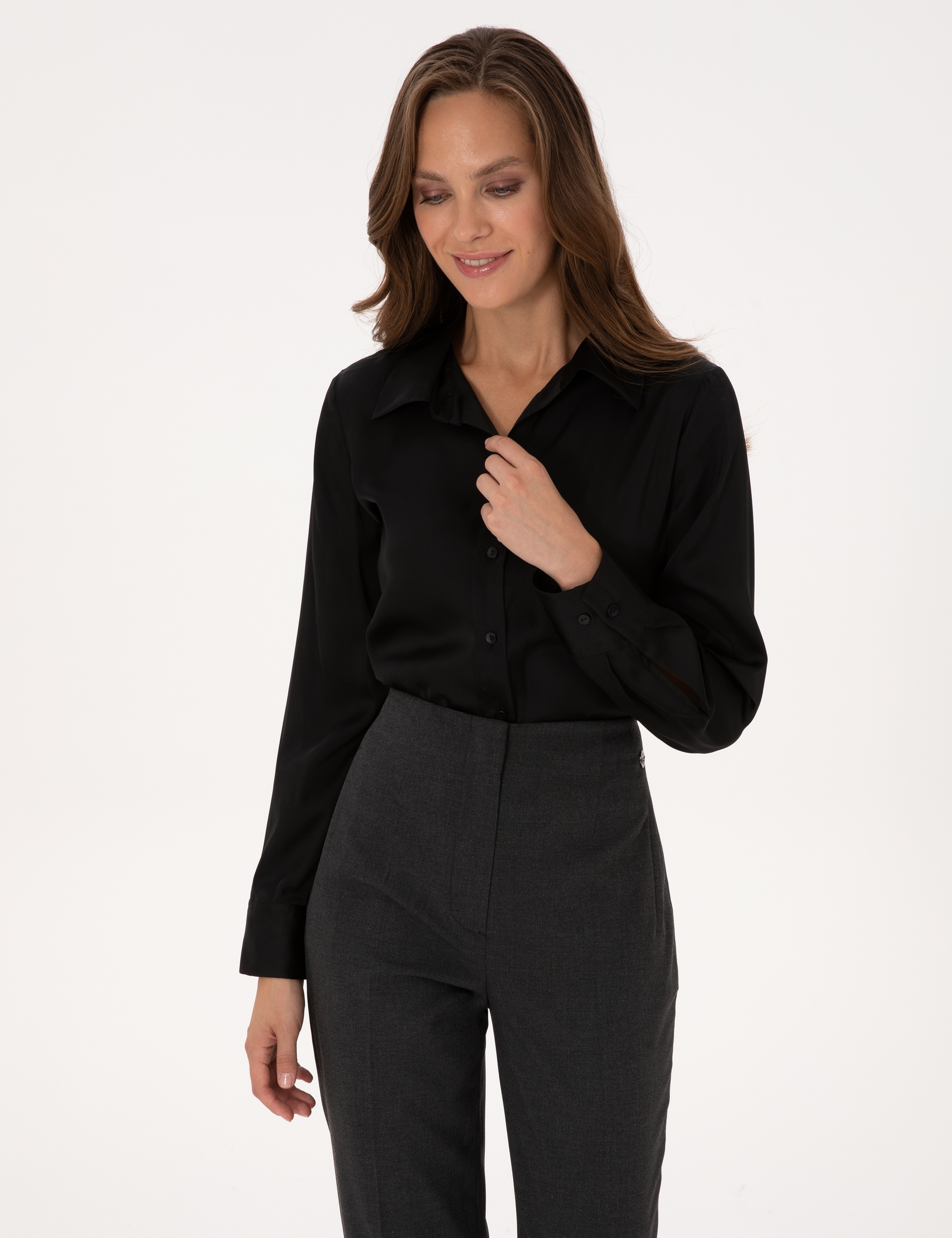 Siyah Comfort Fit Uzun Kollu Saten Gömlek - Image 3