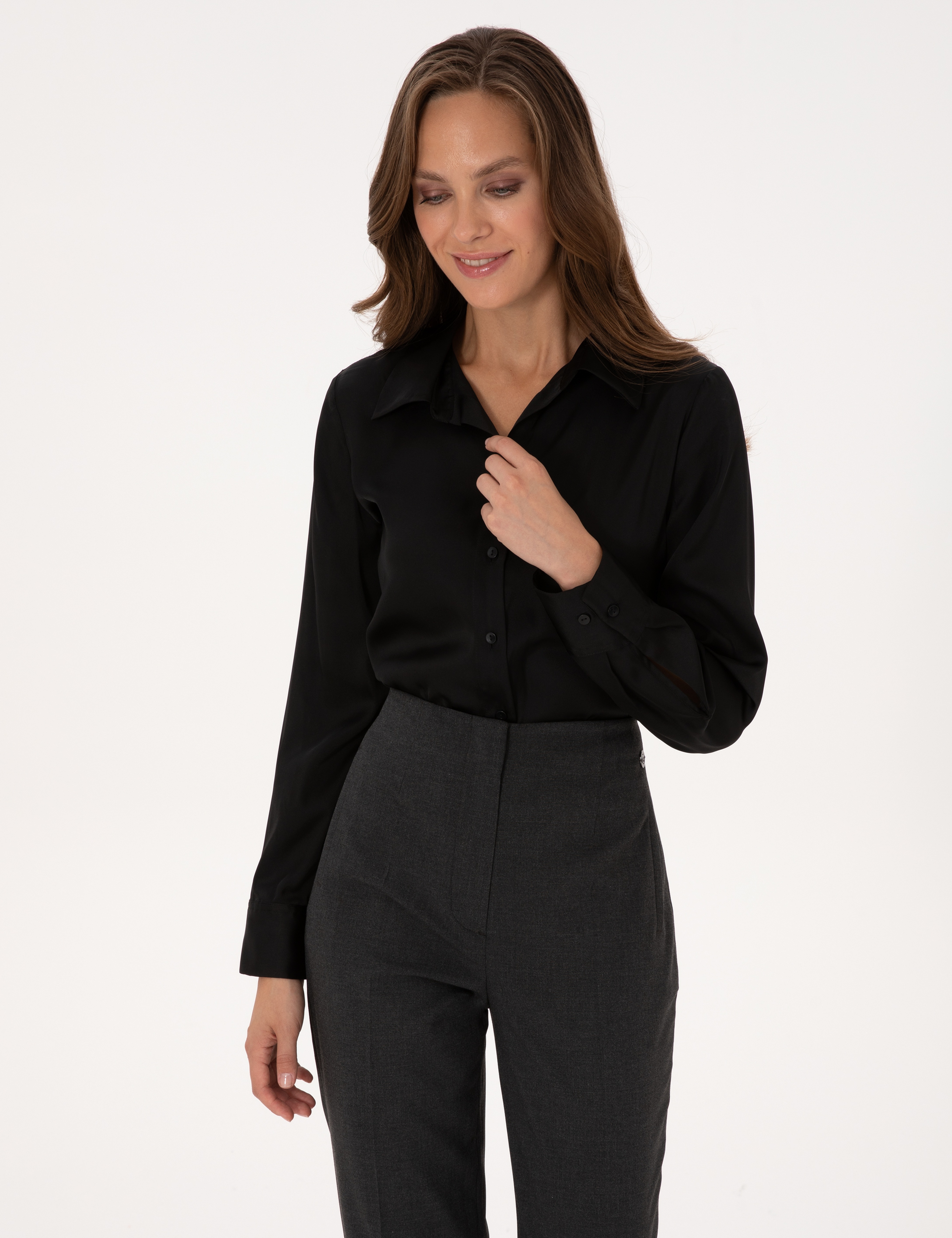 Siyah Comfort Fit Uzun Kollu Saten Gömlek