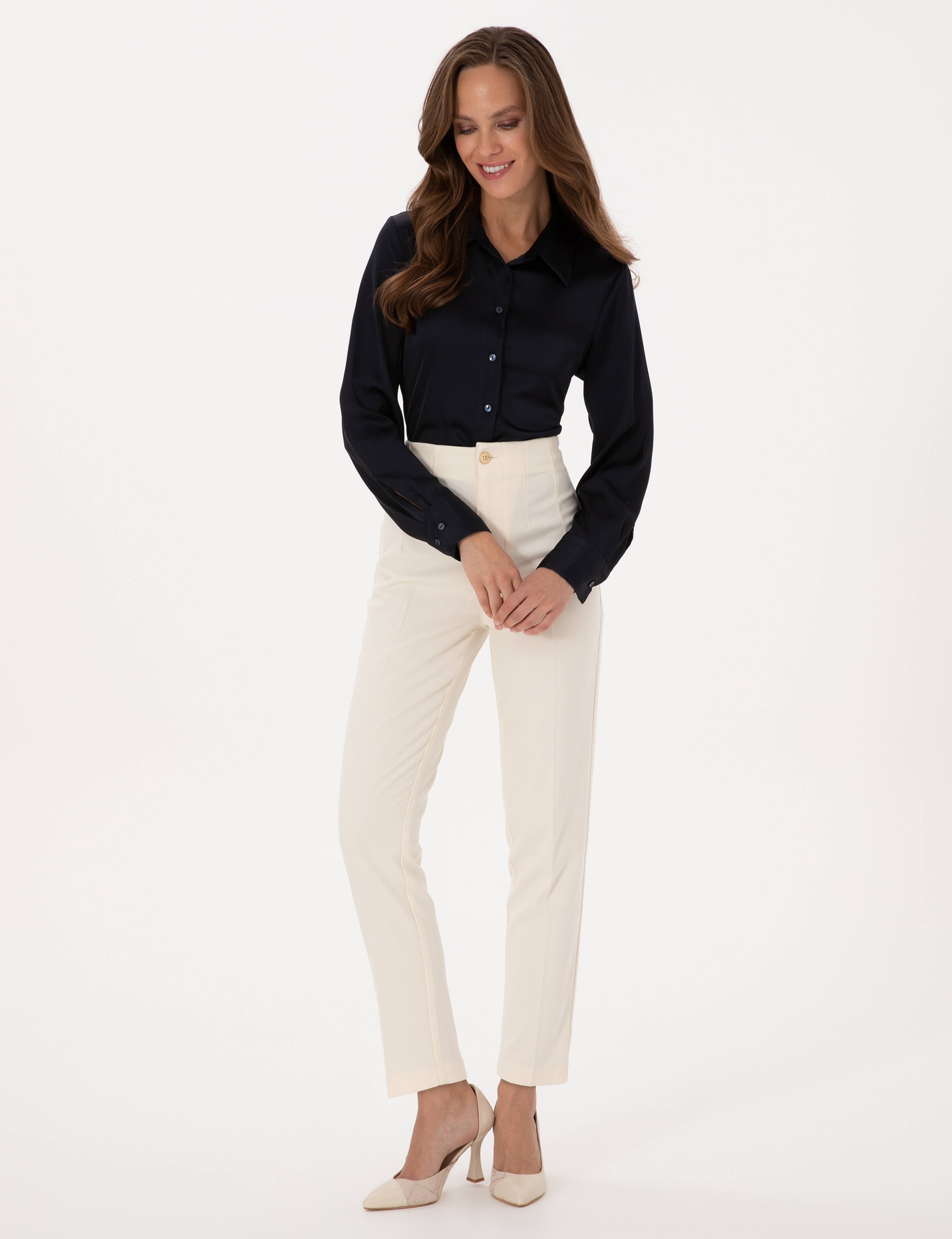 Lacivert Comfort Fit Uzun Kollu Saten Gömlek