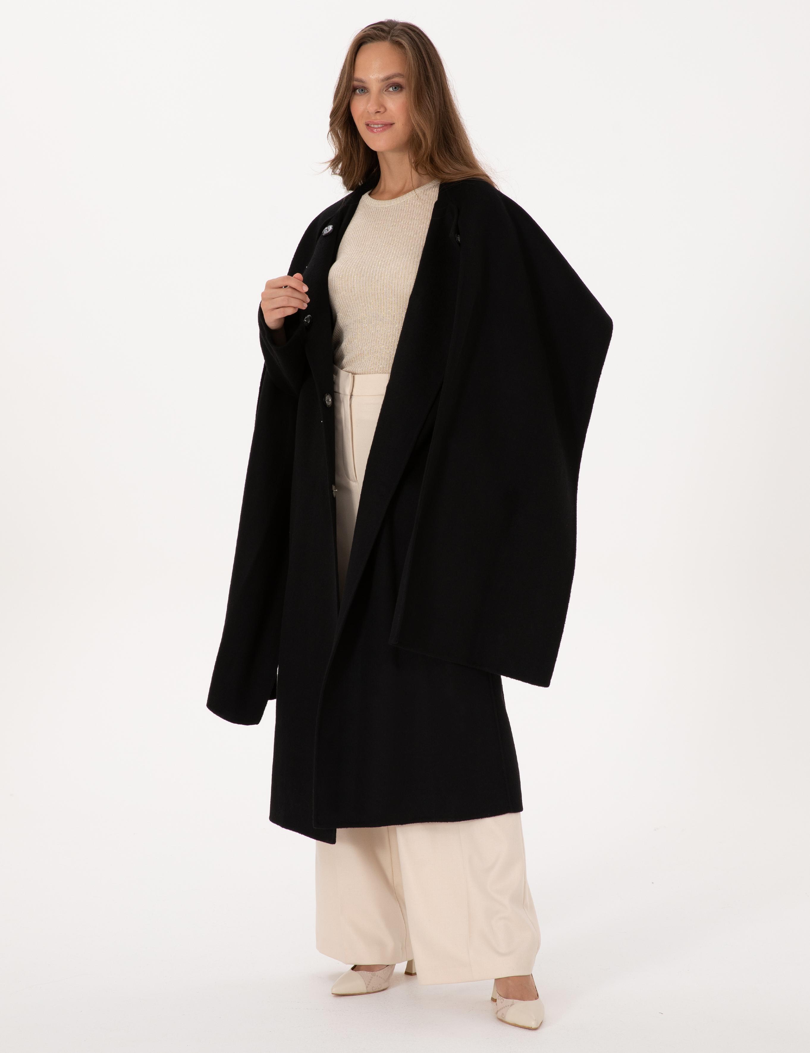 Siyah Regular Fit Kaşe Kaban