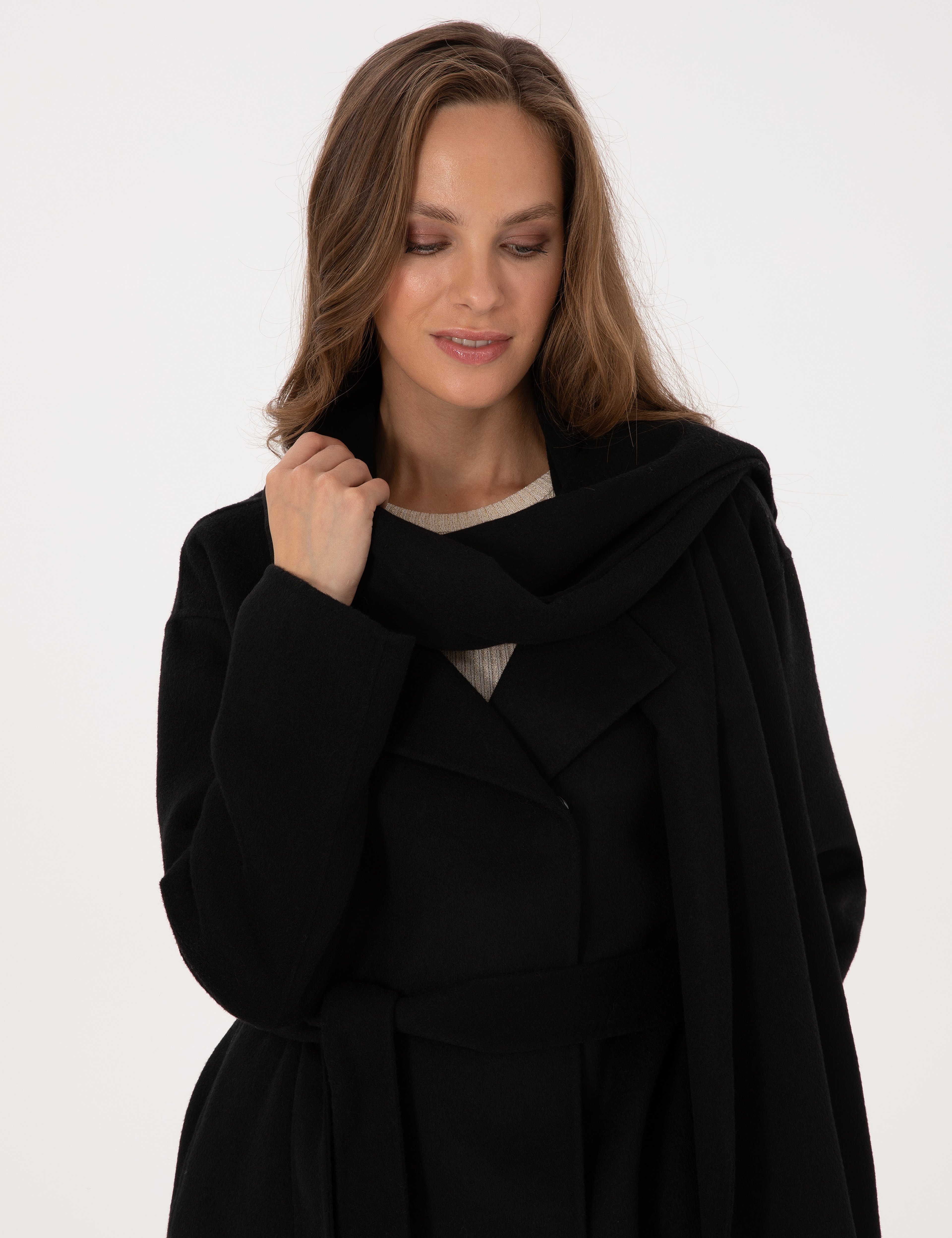 Siyah Regular Fit Yün Karışımlı Kaşe Kaban - Image 2