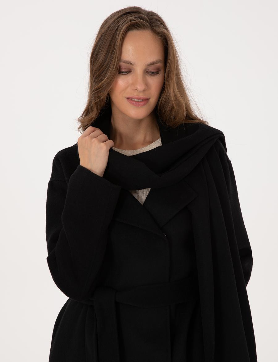 Siyah Regular Fit Kaşe Kaban