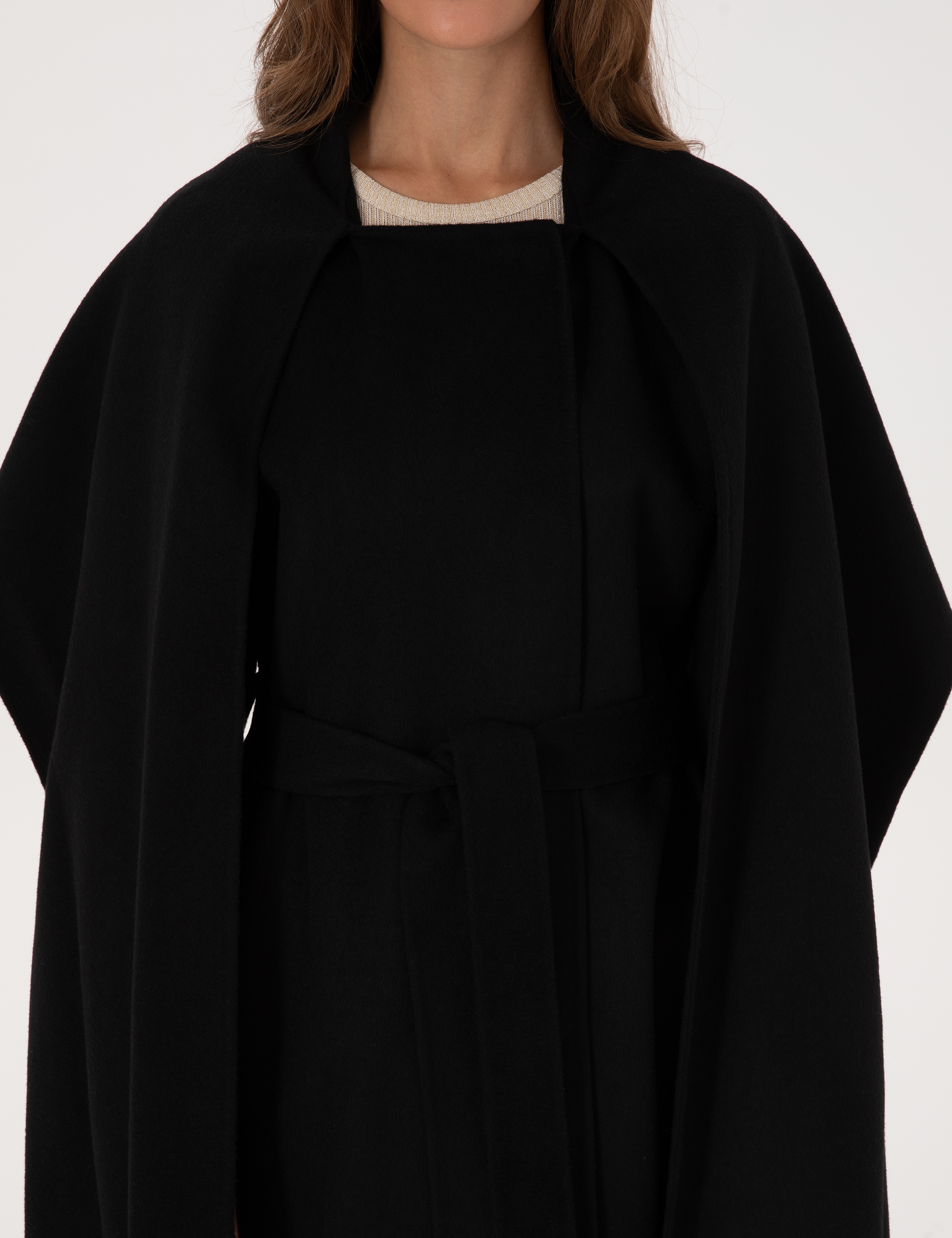 Siyah Regular Fit Yün Karışımlı Kaşe Kaban - Image 7