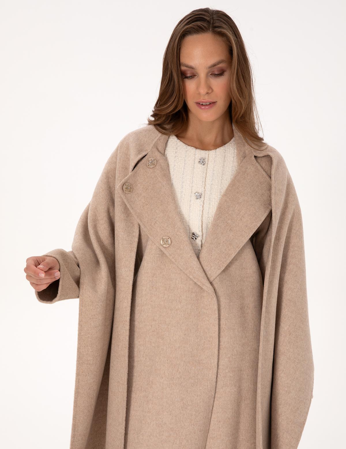 Bej Melanj Regular Fit Kaşe Kaban - 50309079011