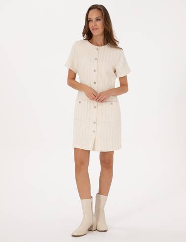 Ekru Regular Fit Tüvit Dokuma Elbise