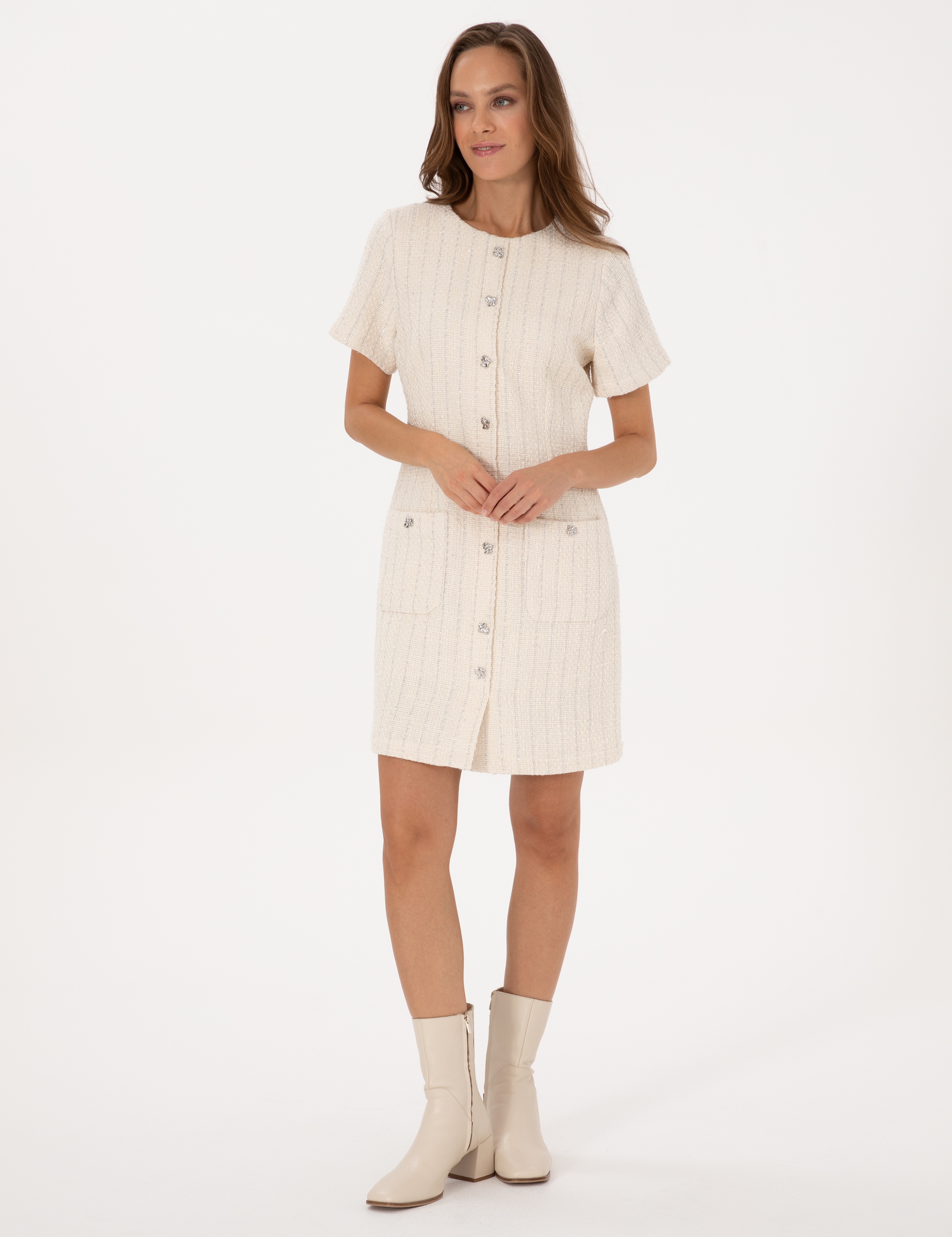 Ekru Regular Fit Tüvit Dokuma Elbise - Image 3