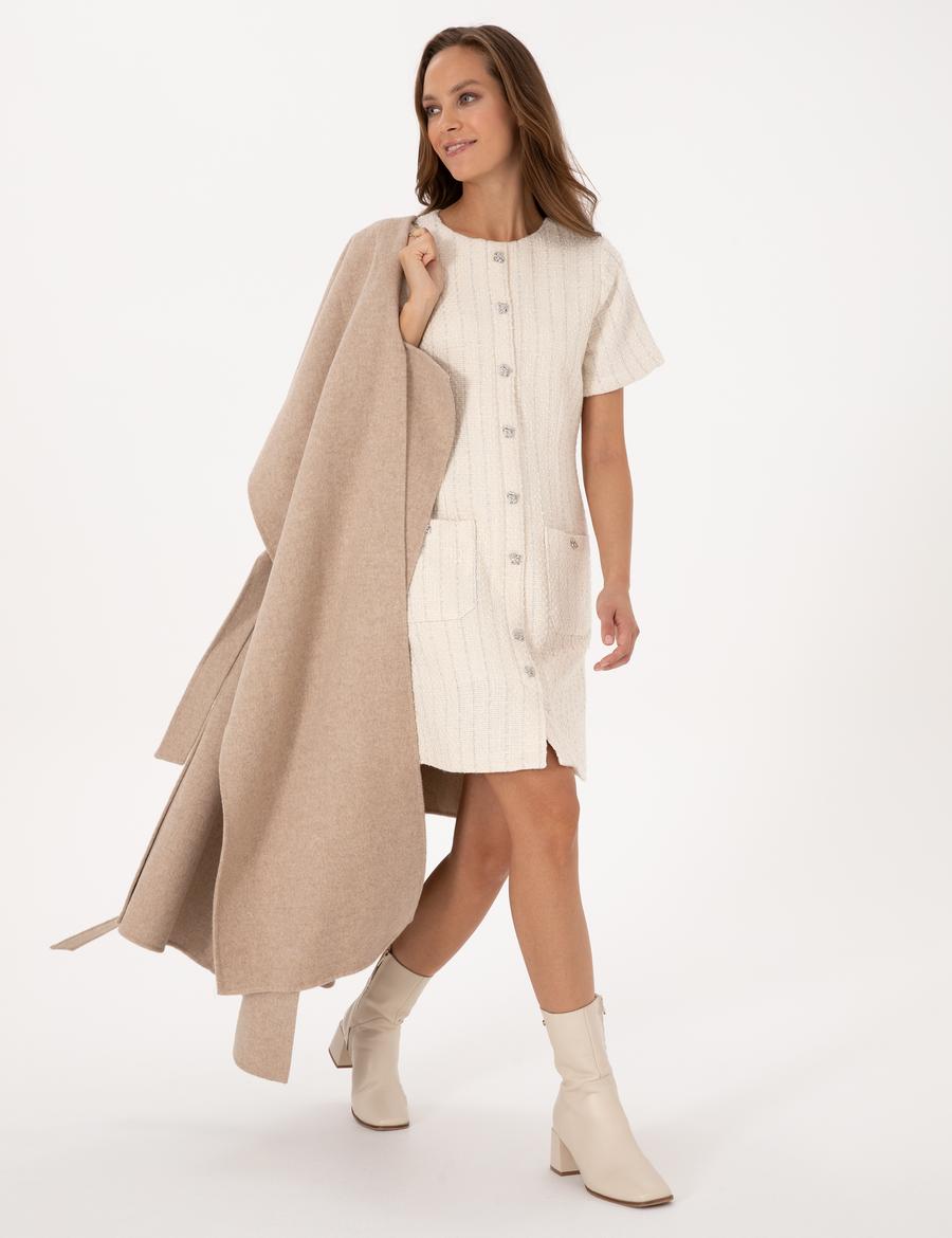 Ekru Regular Fit Tüvit Dokuma Elbise