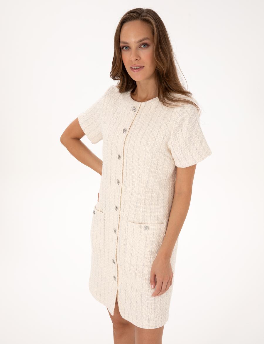 Ekru Regular Fit Tüvit Dokuma Elbise