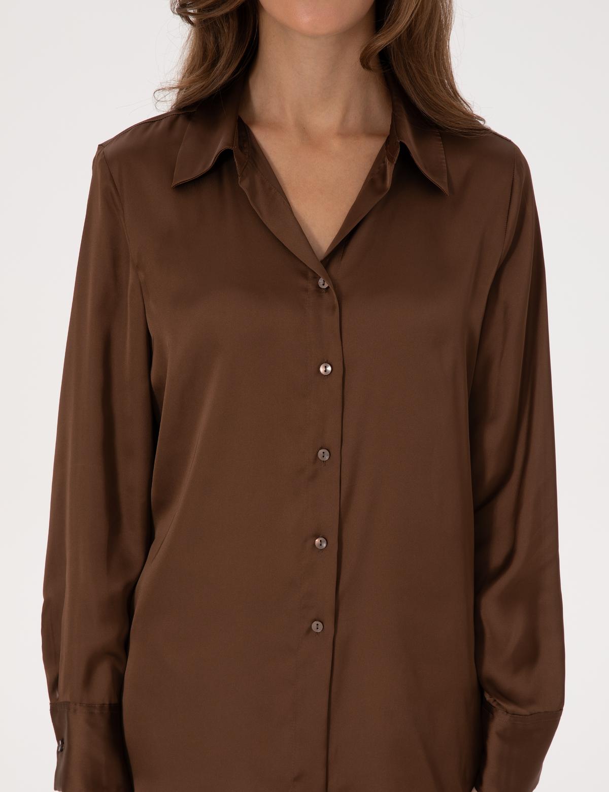 Kahverengi Regular Fit Saten Uzun Kollu Gömlek - 50319346010