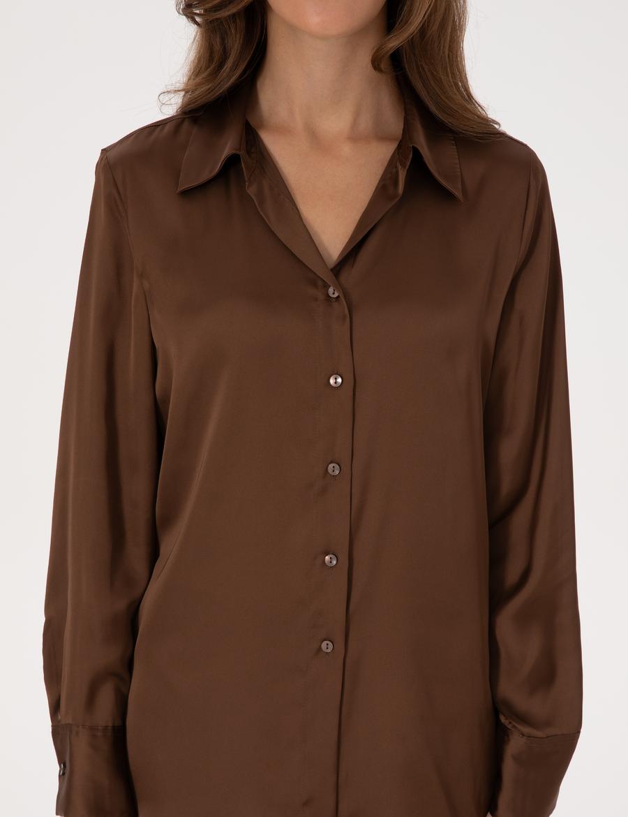 Kahverengi Regular Fit Saten Uzun Kollu Gömlek