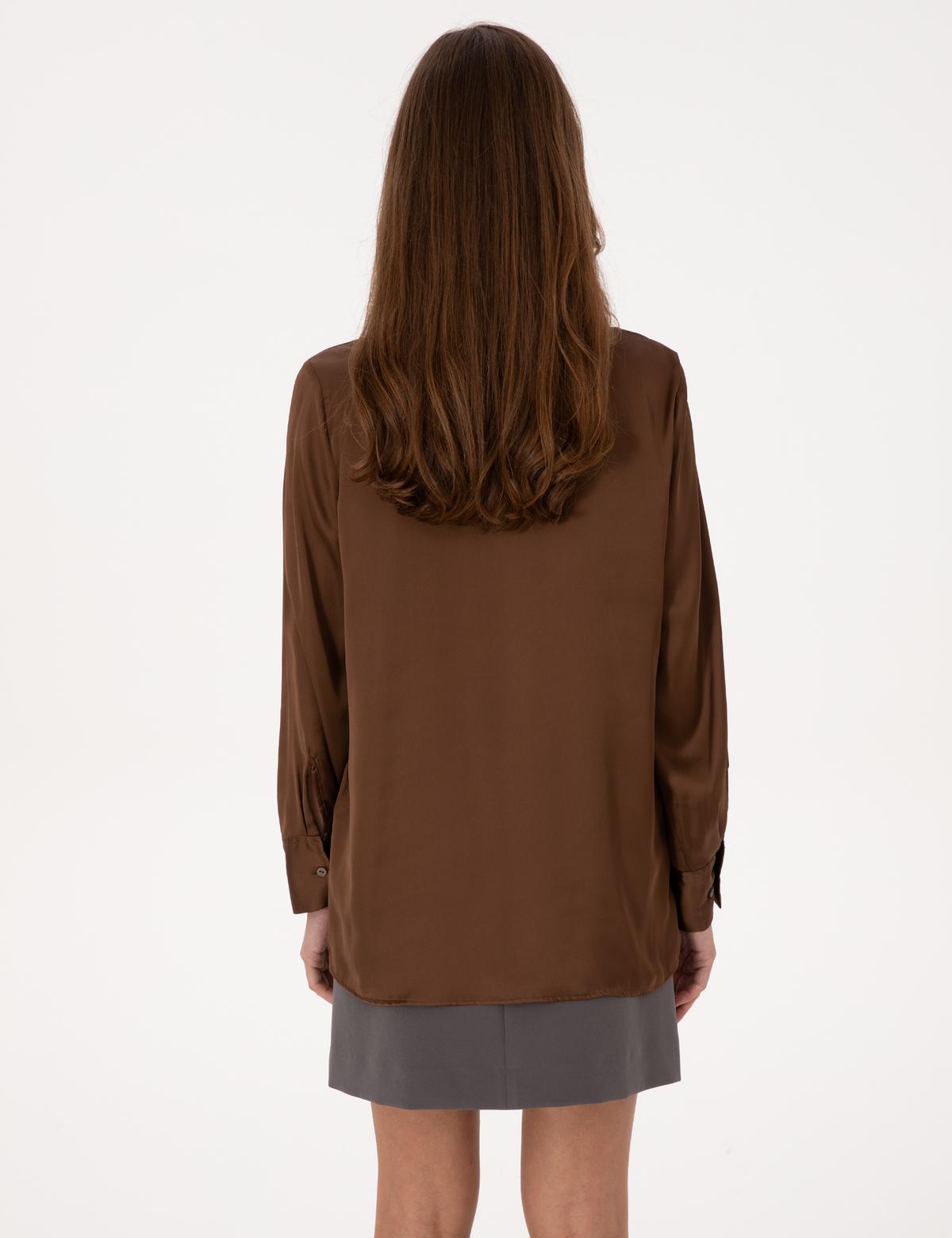 Kahverengi Regular Fit Saten Uzun Kollu Gömlek - 50319346010