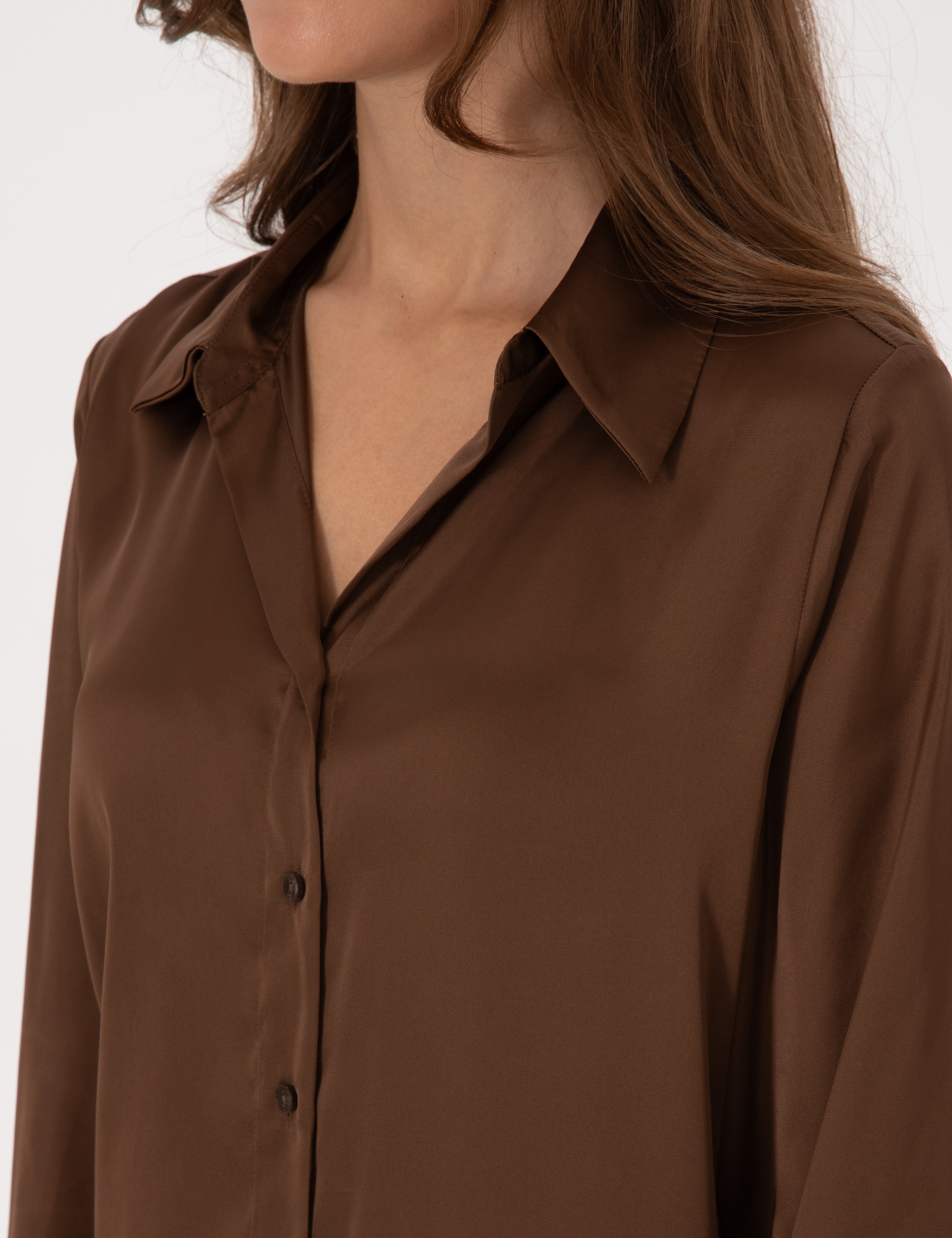 Kahverengi Regular Fit Saten Uzun Kollu Gömlek - Image 6