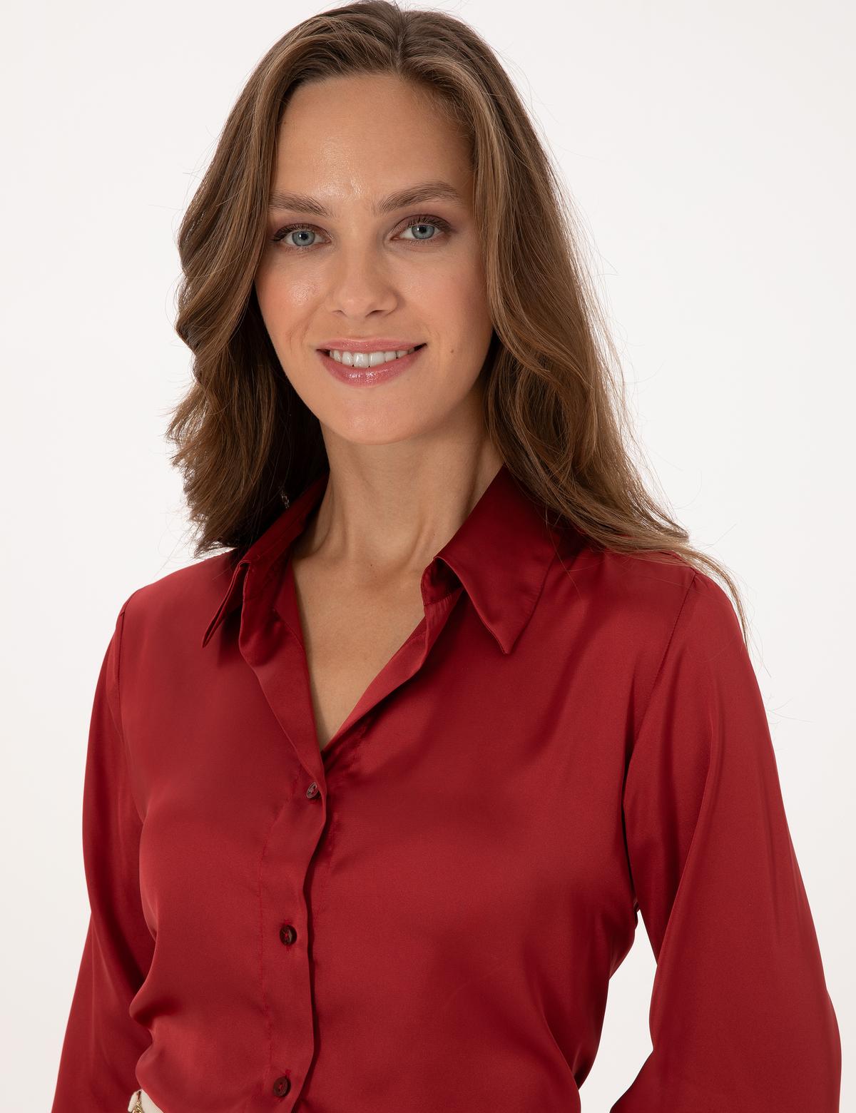 Bordo Regular Fit Saten Uzun Kollu Gömlek - 50319346004