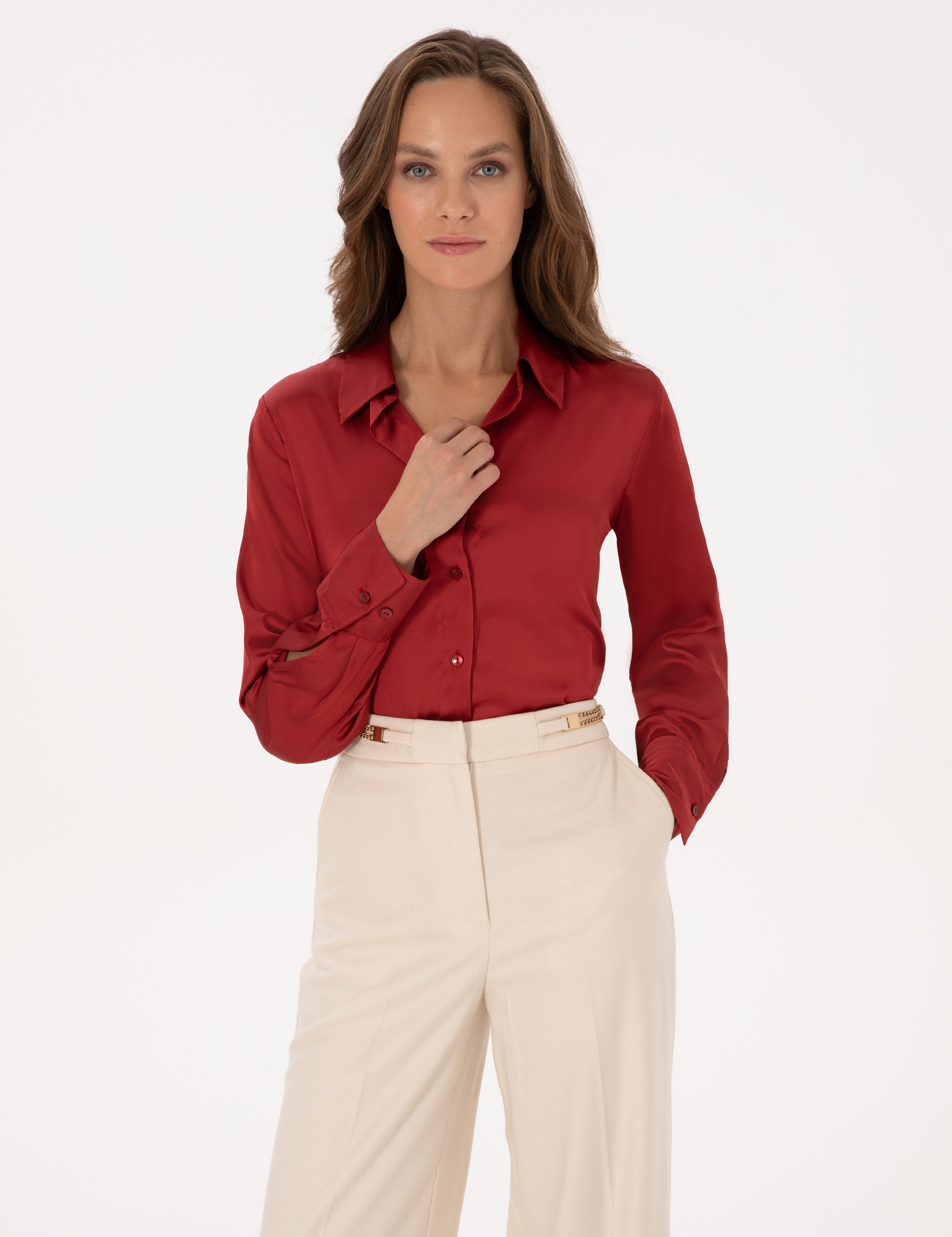 Bordo Regular Fit Saten Uzun Kollu Gömlek - Image 1