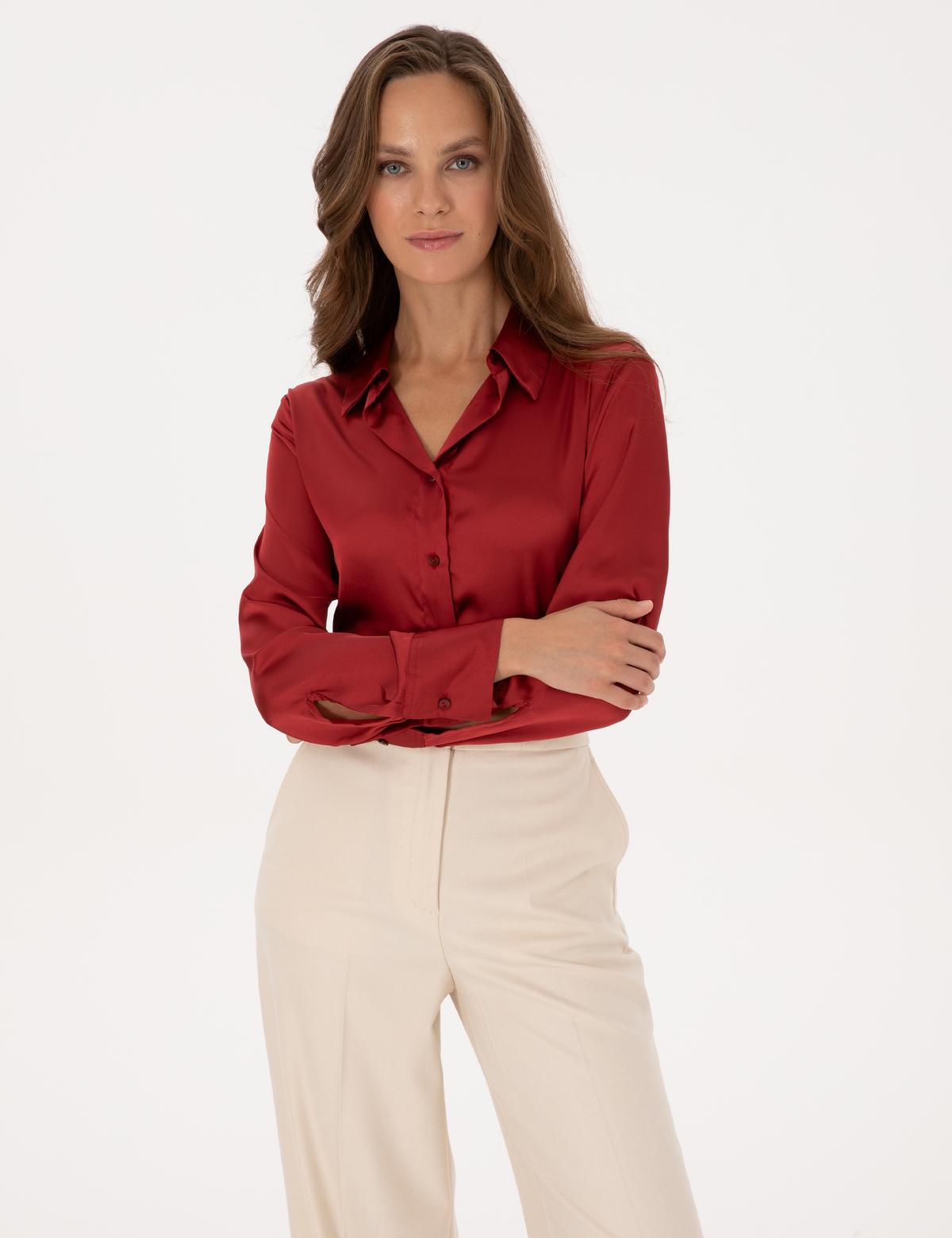 Bordo Regular Fit Saten Uzun Kollu Gömlek - 50319346004