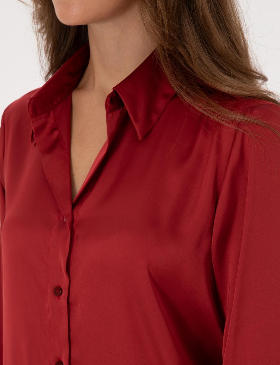 Bordo Regular Fit Saten Uzun Kollu Gömlek